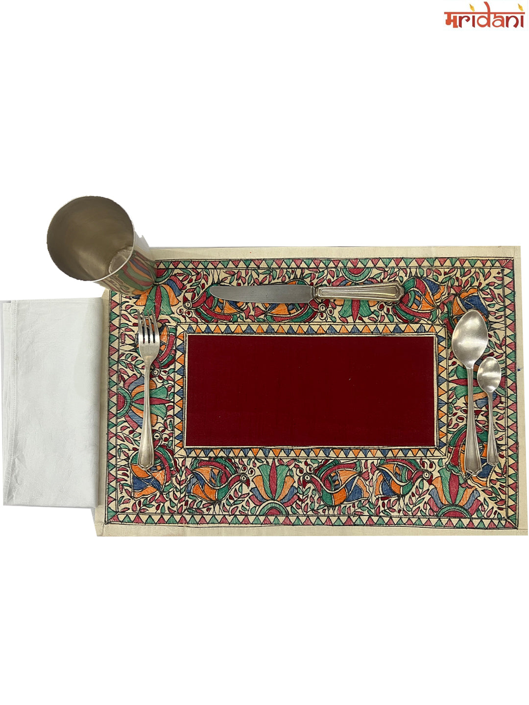 Hand-Painted Madhubani Table Mat Set – Peacock and Lotus Border
